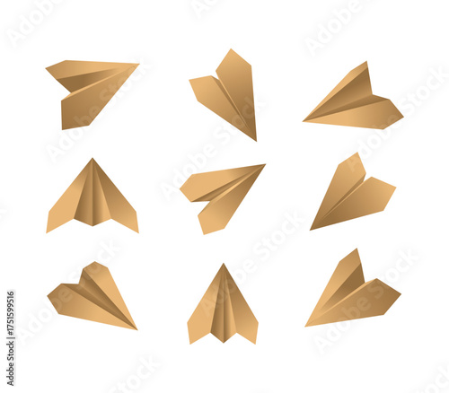 Paper plane 3d models in different angles on white background. Gold origami aircrafts. Clean minimal folded sheet objects for education, childhood concepts or travel metaphory