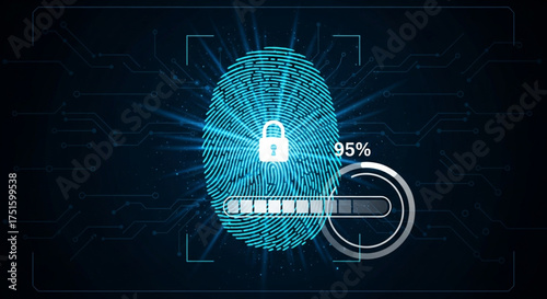 Fingerprint scan with padlock and loading bar on dark blue background, representing security, access control and biometric authentication