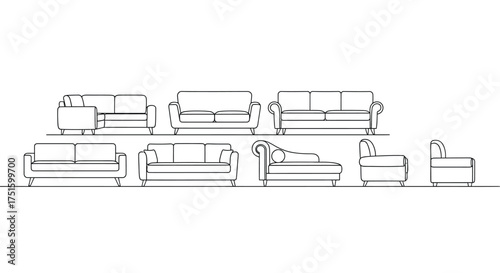 Collection of furniture sketches including sofas armchairs and ottomans