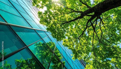 Modern office building with stunning green tree reflecting in glass facade, promoting sustainability and eco-friendly practices