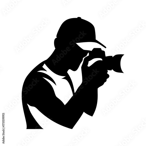 Minimalist black silhouette of a photographer holding a camera and wearing a cap, an iconic representation of professional photography and creative passion