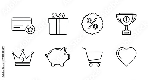 Set of hand drawn icons representing rewards loyalty and shopping