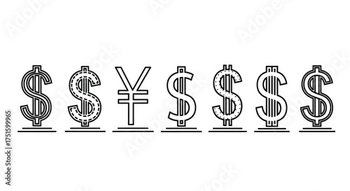 Collection of international currency symbols in outline style