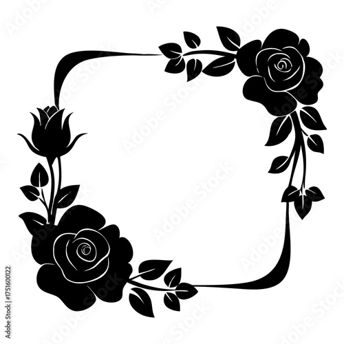 Elegant black silhouette floral frame with ornate roses and delicate leaves. Classic botanical border for wedding invitations, greeting cards, and decorative design