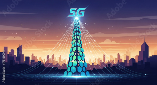 Futuristic cityscape with 5g network technology, showcasing highspeed internet connectivity and modern urban infrastructure at dusk