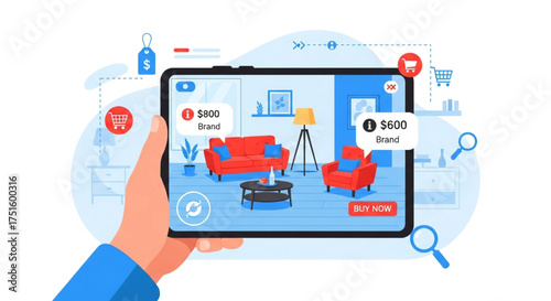 Augmented reality shopping experience on tablet hand holding device with furniture app, virtual interior design and online purchase