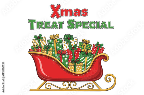 Xmas treat special with gifts in a red sleigh isolated on white background for holiday season