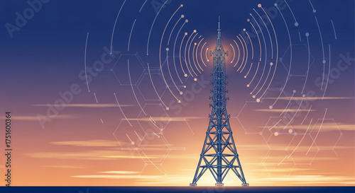 Communication tower transmitting wireless signals against a vibrant sunset sky, symbolizing connectivity and technological advancement in the evening