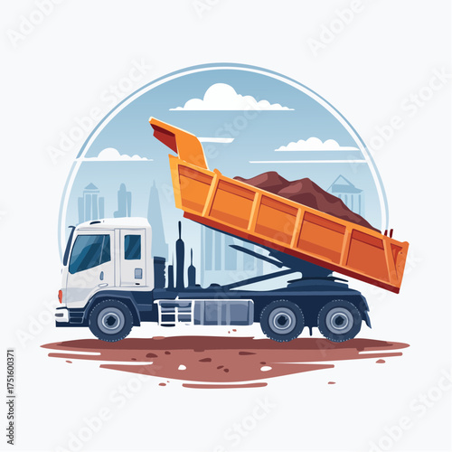 A powerful dump truck vehicle unloading materials on a building site, a key element in modern urban architecture and development