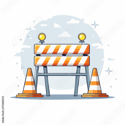 Vector graphic of a temporary street barricade with flashing lights, a common sight in city architecture and infrastructure repair