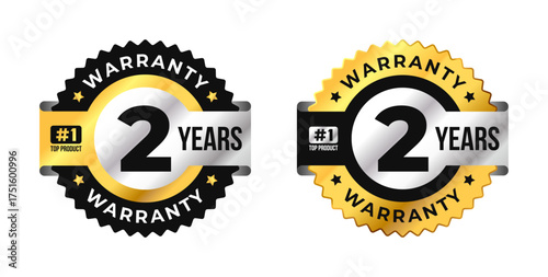 Premium 2 years warranty badge vector with black, gold and silver colors. Perfect for product guarantee, quality assurance, label, or certification design