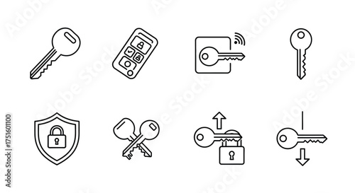 Collection of security and access icons including keys locks and shield