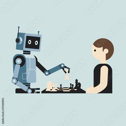 Robot plays chess with a person on a light blue background illustration.