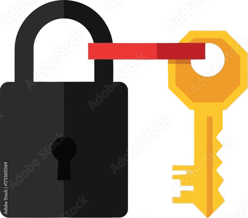 Security Unlocked Concept Minimalist flat illustration of a black padlock with a golden key, representing data protection, privacy, access granted, and successful solutions