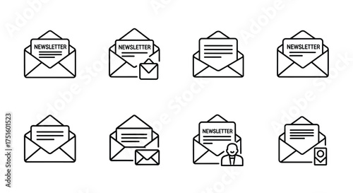 Set of eight simple line art icons representing different types of mail and communication