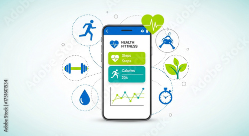 Health and fitness app on smartphone with icons of running, dumbbell, water drop, heart, key, leaf, stopwatch