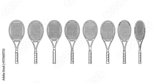 Collection of vintage tennis rackets in a row on a white background