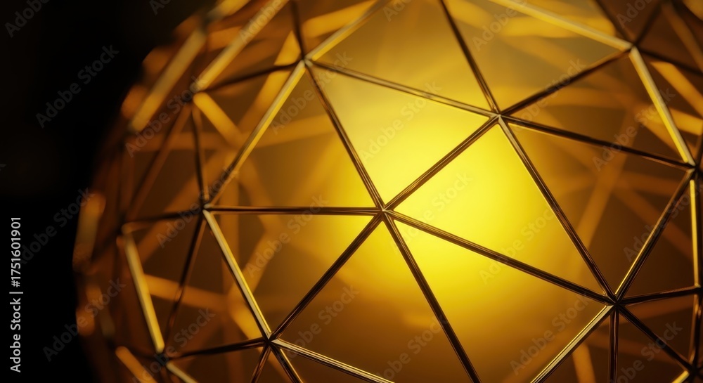 Fototapeta premium Abstract geometric warm golden light orb with interconnected lines illuminated from within