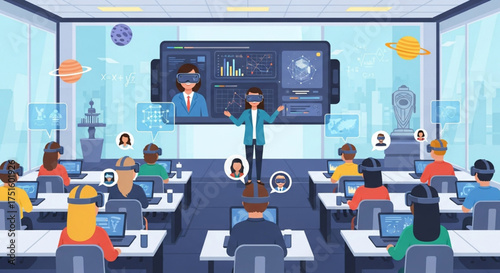 Vr classroom with students wearing virtual reality headsets, engaging in interactive learning and immersive experiences with a teacher on the screen