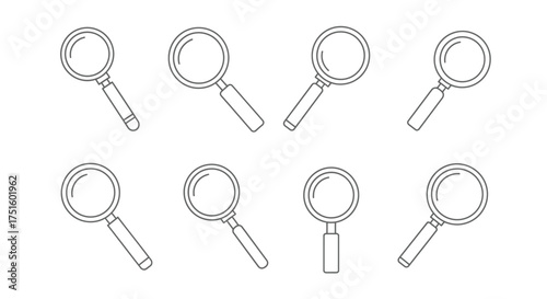 Collection of hand drawn magnifying glass icons in various angles