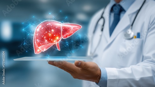 Physician with liver replica and device Liver cancer tumors jaundice hepatitis types A E cirrhosis failure enlargement hepatic encephalopathy abdominal fluid and health issues