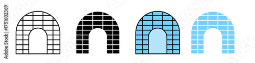 Igloo Door icon on a clean white background shown in stroke outline, solid fill, flat color, and shaded color styles. Ideal for winter, Arctic life, snow house, cold climate, tourism, architecture,