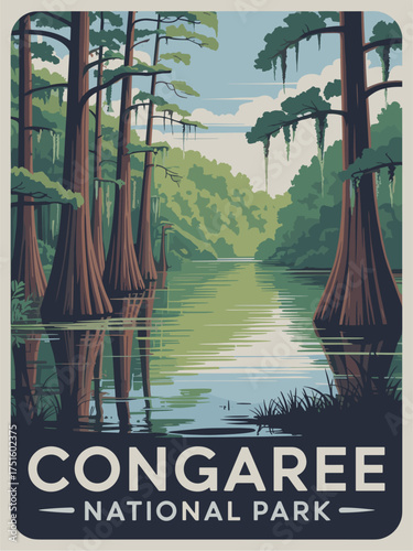Retro mid-century vector poster of Congaree National Park featuring tall cypress trees, misty swamp waters, and hanging Spanish moss in soft sunlight. Vintage travel illustration style.