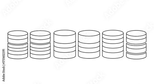 Six stacks of coins or discs in a line simple line drawing