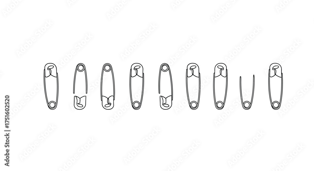 Obraz premium Collection of hand drawn safety pins in a row