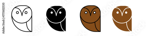 Owl icon shown on a clean white background in four styles: stroke outline, solid fill, flat color, and shaded color. Ideal for wildlife, night theme, education, wisdom, nature, animals, and logo,