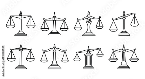Collection of hand drawn scales of justice illustrations
