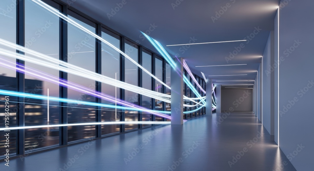 Obraz premium Futuristic corridor with glowing light trails showing fast data transfer and modern architecture
