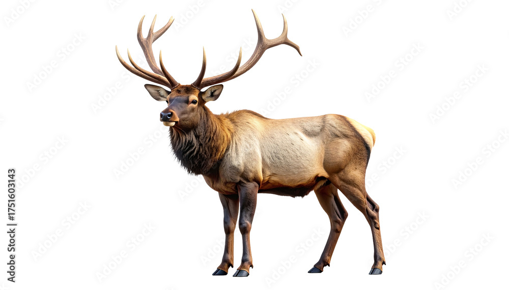 Fototapeta premium Majestic elk with large branching antlers standing proudly, showing full body view with detailed fur texture and natural lighting in realistic style