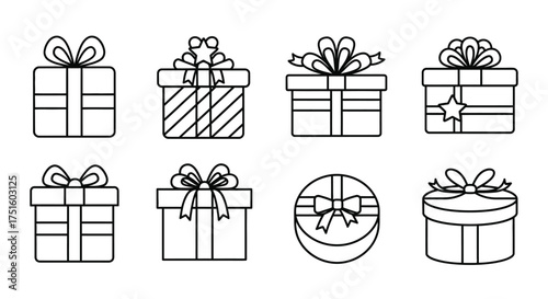 Collection of hand drawn gift boxes with bows and ribbons