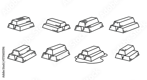 Collection of hand drawn gold bars stacked in piles