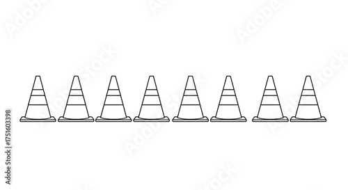 Row of identical clear plastic traffic cones lined up on a white background
