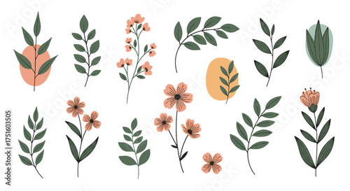 A collection of charming botanical elements and abstract shapes featuring delicate flowers and greenery in a whimsical style.