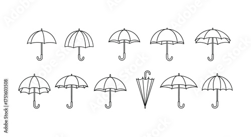 Collection of hand drawn umbrella illustrations in a simple line art style