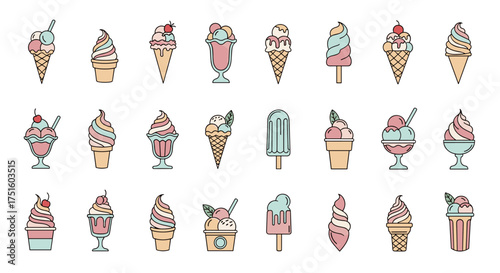 A delicious collection of various ice cream cone and cup illustrations.
