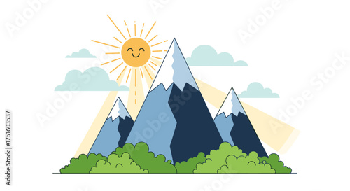 A cheerful sun shines brightly over snow-capped mountains and lush green trees on a clear day.