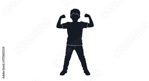 A silhouette of a young person flexing their biceps with a determined expression.