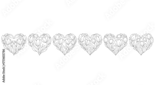 Line art illustration of a string of six hearts with intricate details