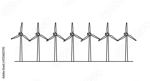 Wind turbines standing together in a line forming a chain of renewable energy