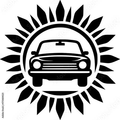 Automotive Elegance: A sleek silhouette of a vehicle, framed within a radiant emblem of sun, symbolizes innovation and mobility. This image captures the essence of automotive excellence.