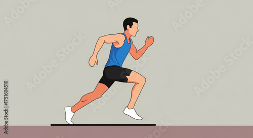 A man in a blue tank top and black shorts is running with determination, showcasing his athletic prowess and dedication to fitness and healthy lifestyle