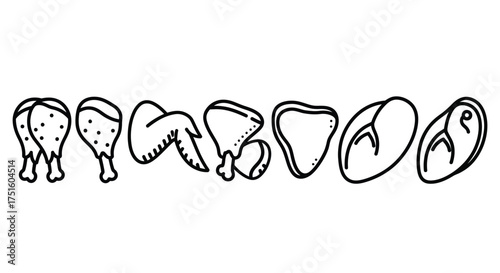 Hand drawn illustration of various raw meat cuts in a line