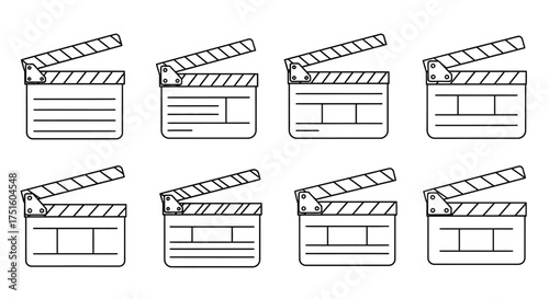 Set of eight hand drawn movie clapperboards in a grid pattern