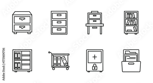 Collection of office furniture and storage icons in a clean outline style