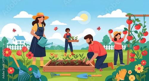 Family gardening together in the backyard, mother watering plants, father planting, children harvesting tomatoes, happy family activity, vector illustration