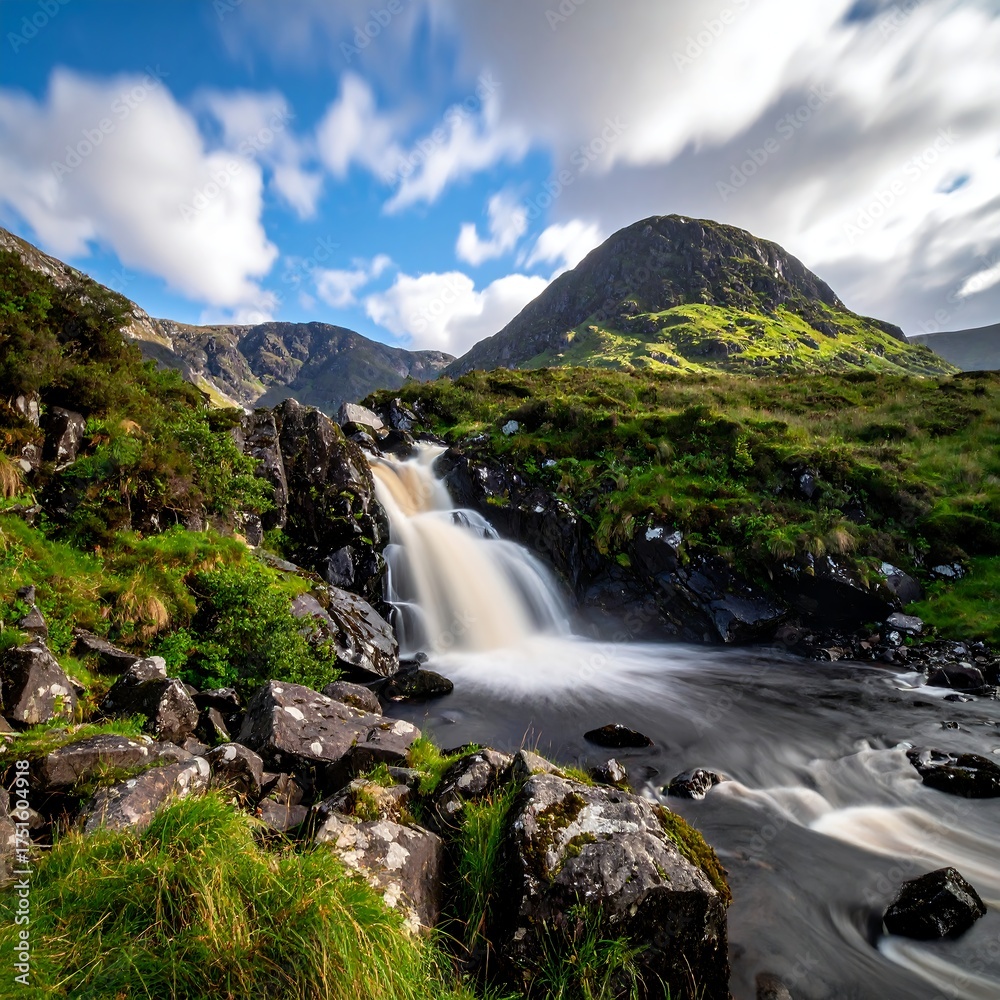 Obraz premium Serene landscape of a waterfall cascading through rugged terrain under cloudy skies